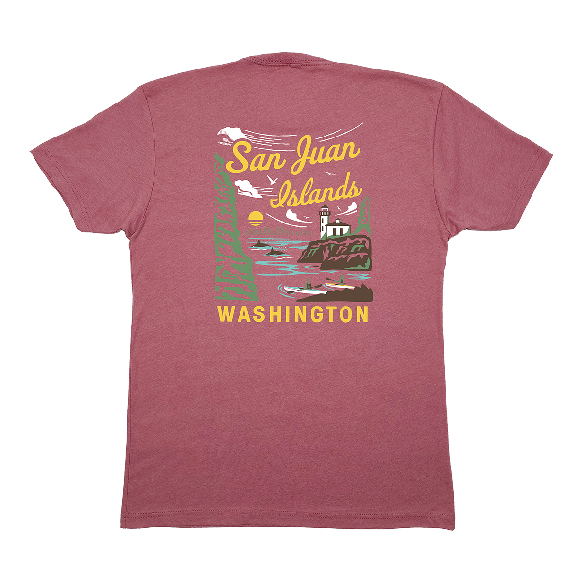 Mauve t-shirt with 'San Juan Islands, Washington' kayaking graphic