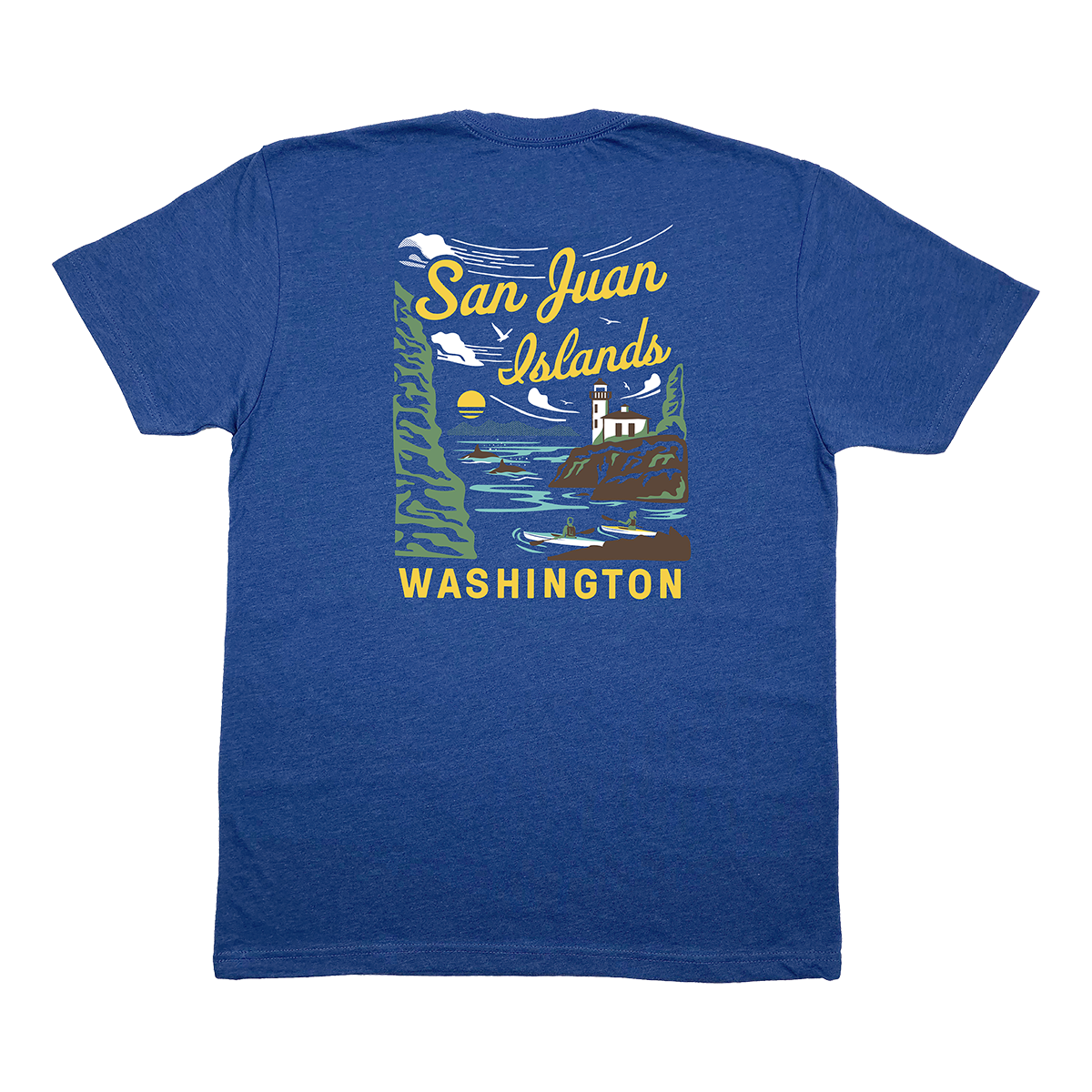 Blue t-shirt with 'San Juan Islands, Washington' kayaking graphic