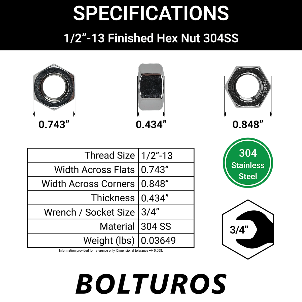 1/2"-13 Finish Hex Nuts 18-8 Stainless Steel