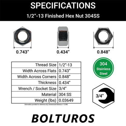 1/2"-13 Finish Hex Nuts 18-8 Stainless Steel