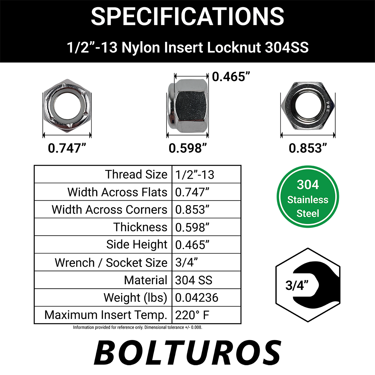 1/2"-13 Nylon Insert Locknuts 18-8 Stainless Steel