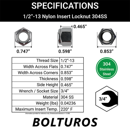 1/2"-13 Nylon Insert Locknuts 18-8 Stainless Steel