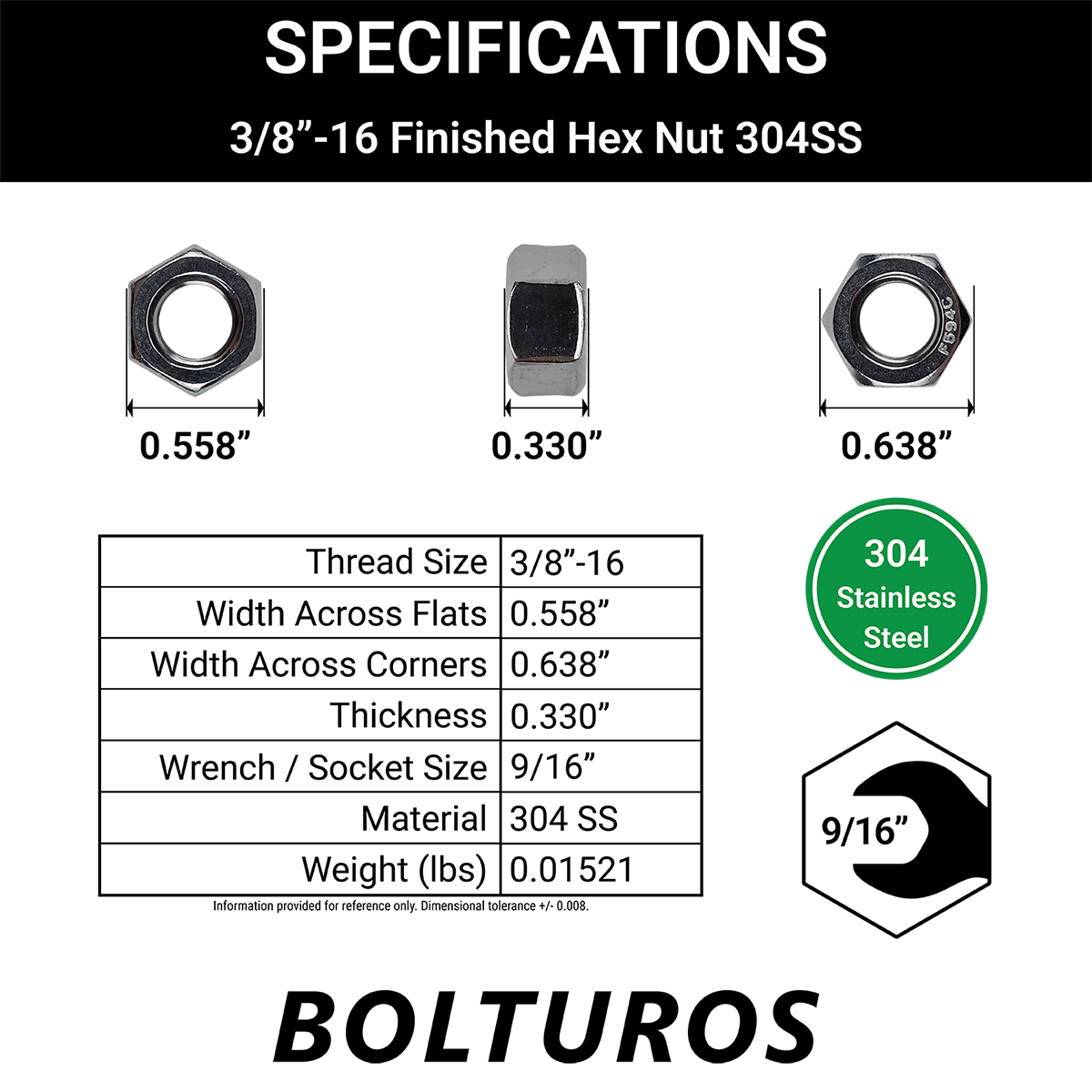 3/8"-16 Finish Hex Nuts 18-8 Stainless Steel