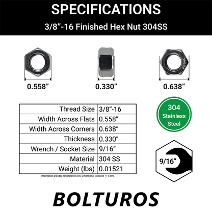 3/8"-16 Finish Hex Nuts 18-8 Stainless Steel