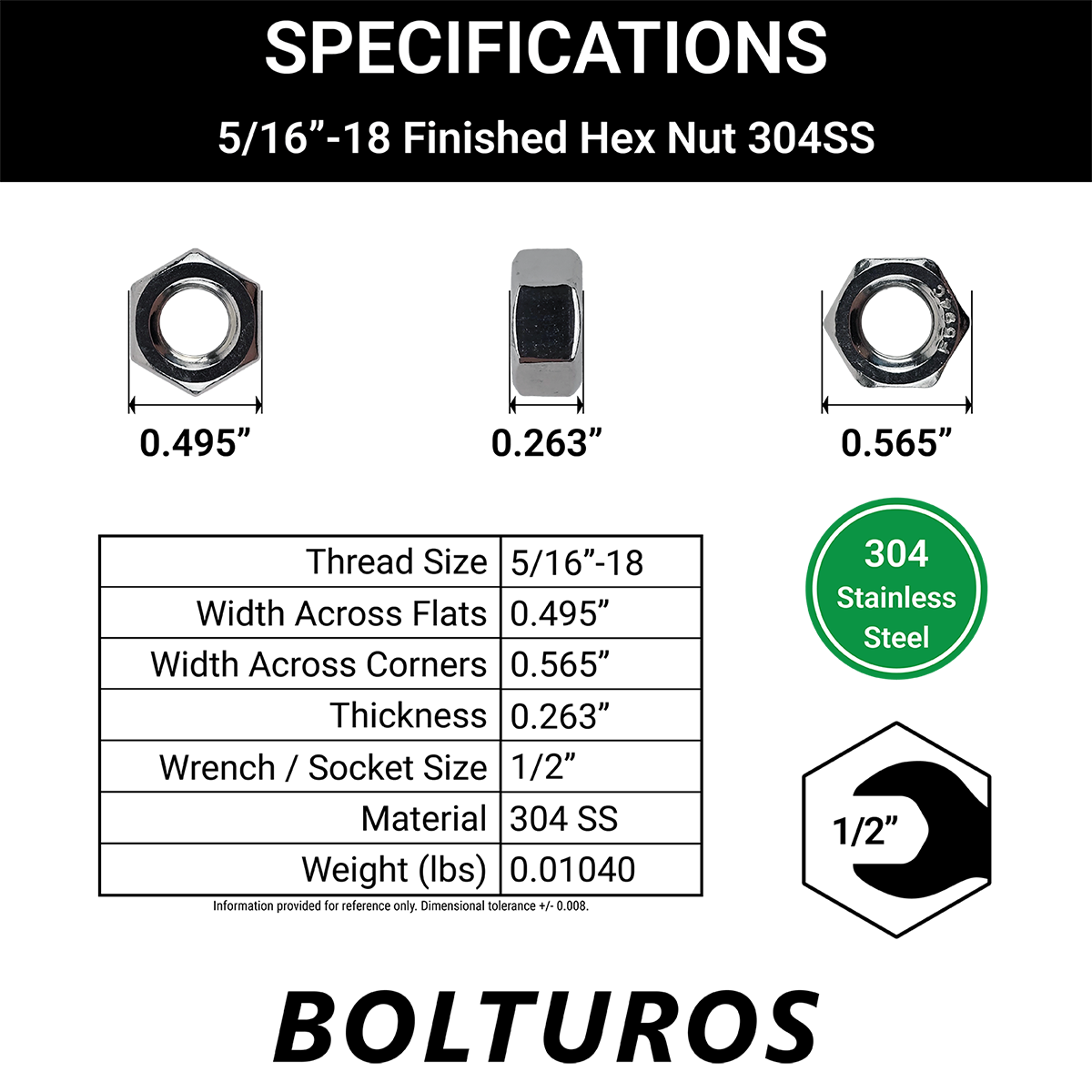 5/16"-18 Finish Hex Nuts 18-8 Stainless Steel