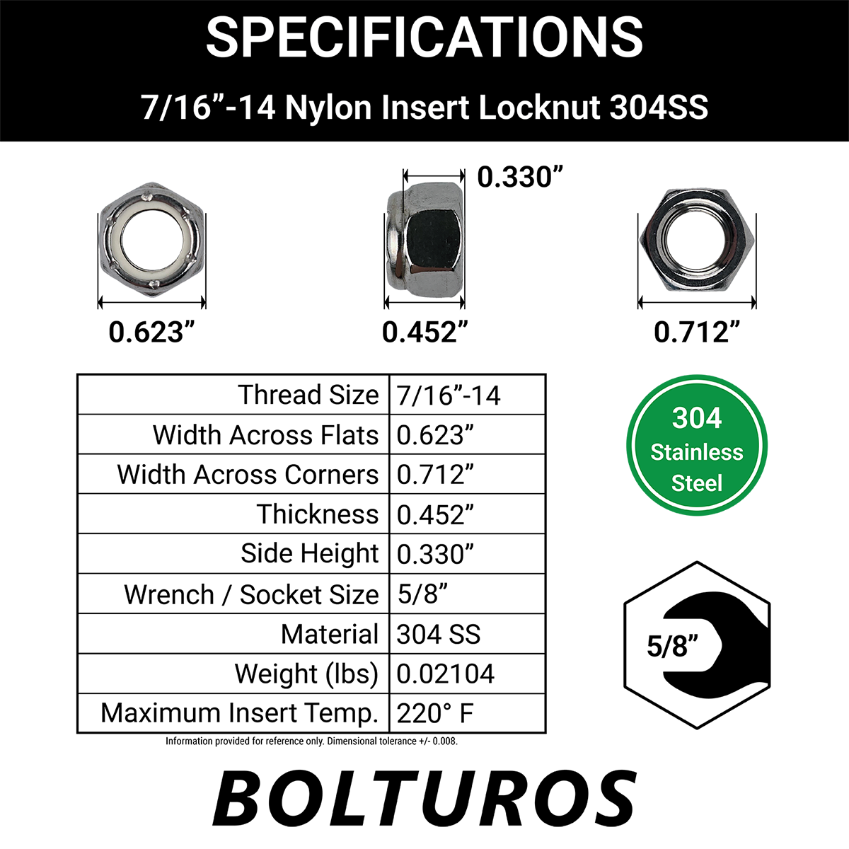 7/16"-14 Nylon Insert Locknuts 18-8 Stainless Steel