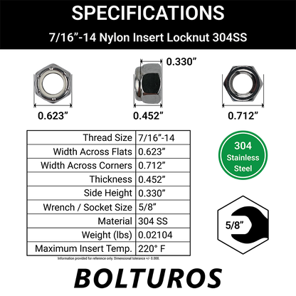 7/16"-14 Nylon Insert Locknuts 18-8 Stainless Steel