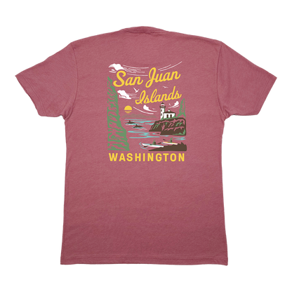 Mauve t-shirt with 'San Juan Islands, Washington' kayaking graphic