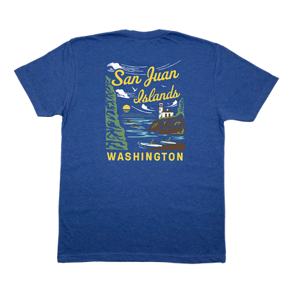 Blue t-shirt with 'San Juan Islands, Washington' kayaking graphic
