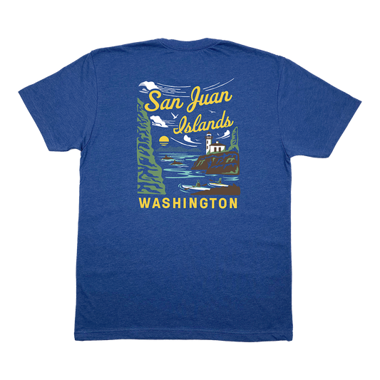 Blue t-shirt with 'San Juan Islands, Washington' kayaking graphic
